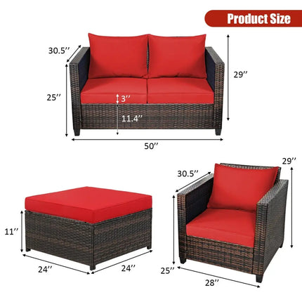 5 Pieces Patio Cushioned Rattan Furniture Set-Red - Red - Outdoor Sectionals