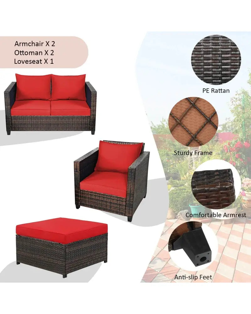 5 Pieces Patio Cushioned Rattan Furniture Set-Red - Red - Outdoor Sectionals