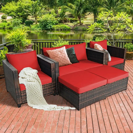 5 Pieces Patio Cushioned Rattan Furniture Set-Red - Red - Outdoor Sectionals