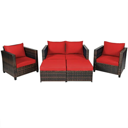5 Pieces Patio Cushioned Rattan Furniture Set-Red - Red - Outdoor Sectionals