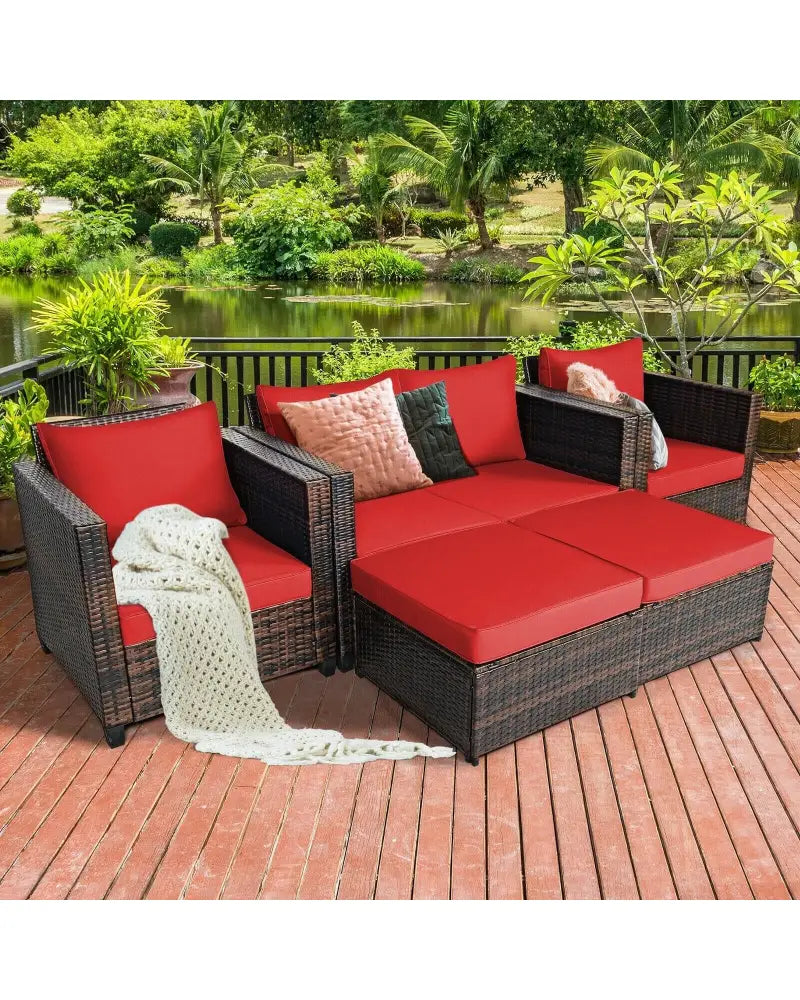 5 Pieces Patio Cushioned Rattan Furniture Set-Red - Red - Outdoor Sectionals