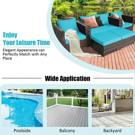 5 Pieces Patio Cushioned Rattan Furniture Set-Turquoise - Turquoise - Outdoor Sectionals