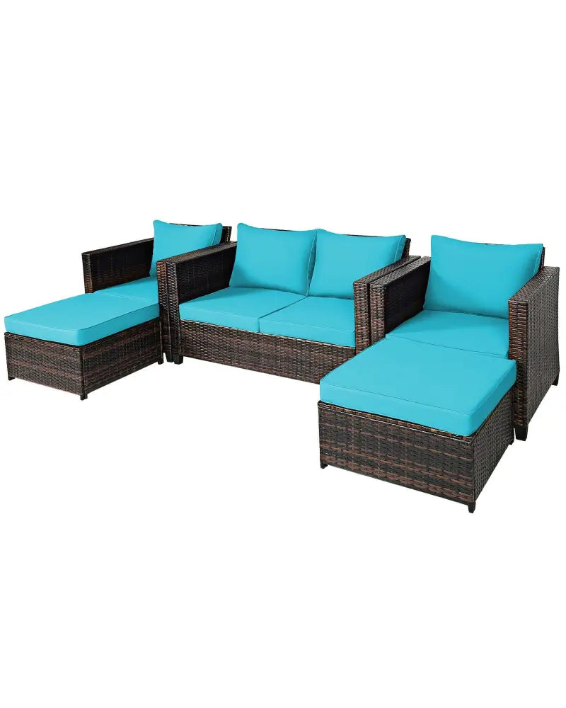 5 Pieces Patio Cushioned Rattan Furniture Set-Turquoise - Turquoise - Outdoor Sectionals
