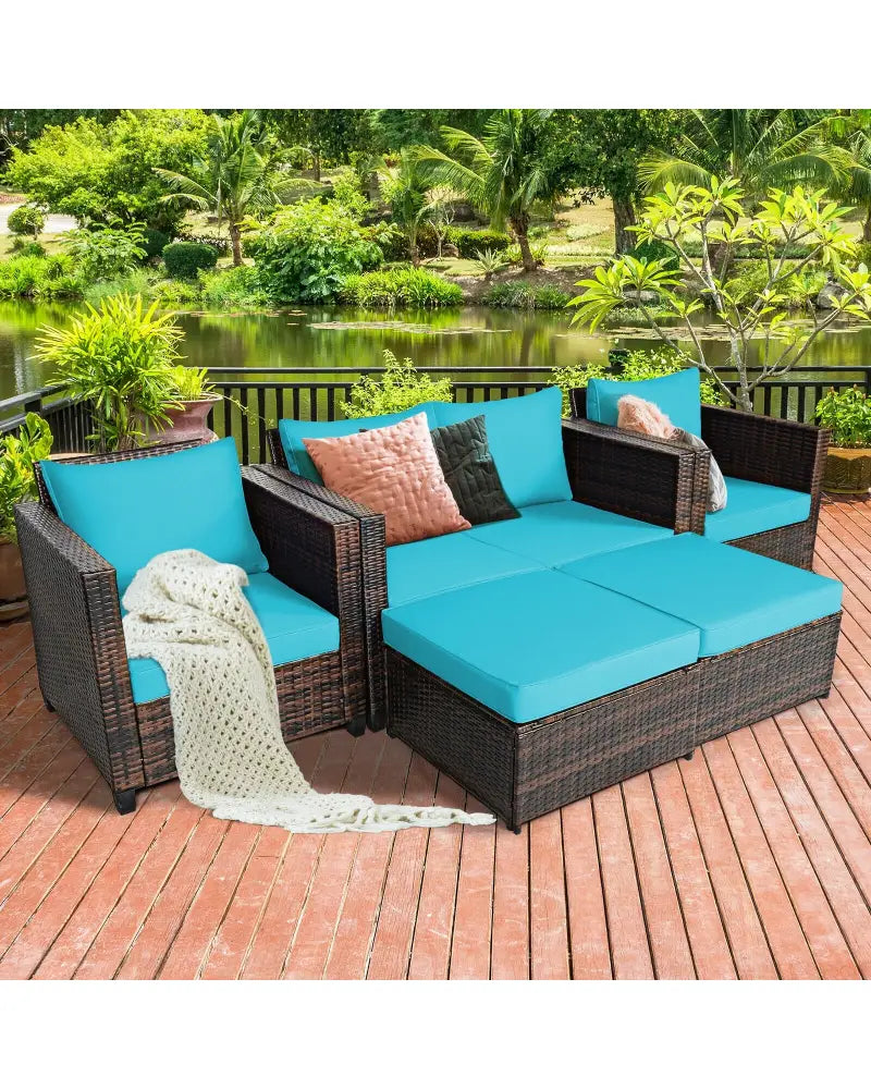 5 Pieces Patio Cushioned Rattan Furniture Set-Turquoise - Turquoise - Outdoor Sectionals