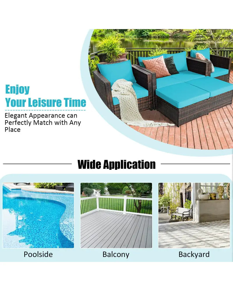 5 Pieces Patio Cushioned Rattan Furniture Set-Turquoise - Turquoise - Outdoor Sectionals