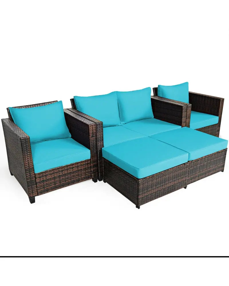 5 Pieces Patio Cushioned Rattan Furniture Set-Turquoise - Turquoise - Outdoor Sectionals