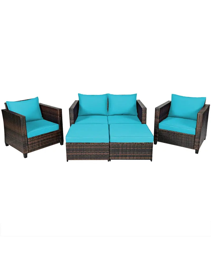 5 Pieces Patio Cushioned Rattan Furniture Set-Turquoise - Turquoise - Outdoor Sectionals