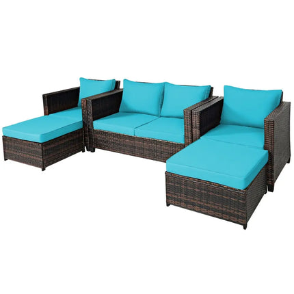 5 Pieces Patio Cushioned Rattan Furniture Set-Turquoise - Turquoise - Outdoor Sectionals
