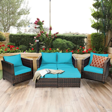5 Pieces Patio Cushioned Rattan Furniture Set-Turquoise - Turquoise - Outdoor Sectionals