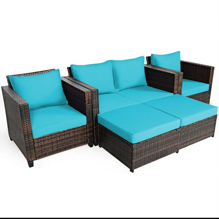 5 Pieces Patio Cushioned Rattan Furniture Set-Turquoise - Turquoise - Outdoor Sectionals
