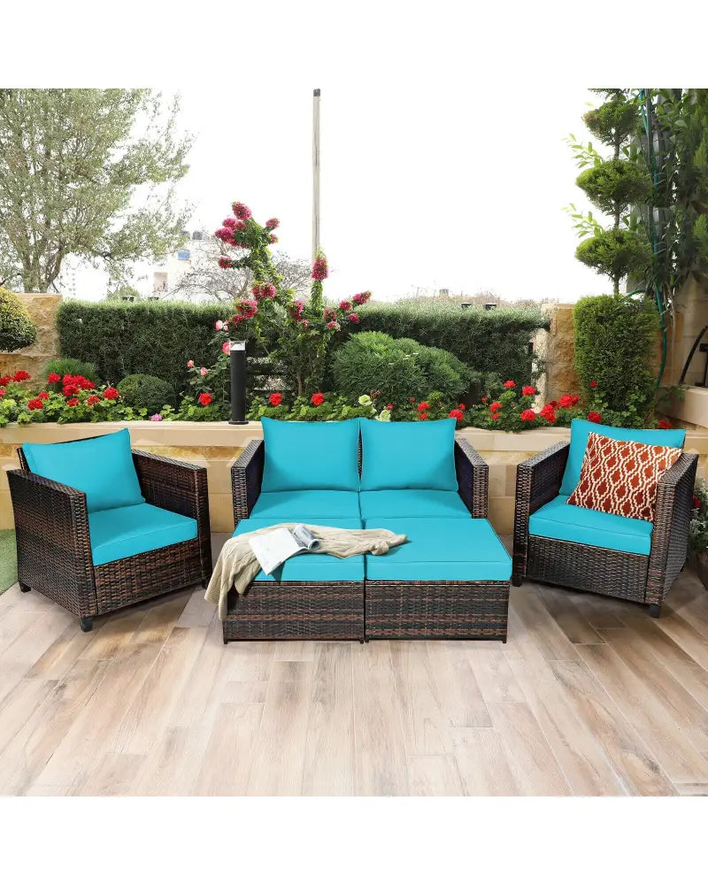 5 Pieces Patio Cushioned Rattan Furniture Set-Turquoise - Turquoise - Outdoor Sectionals
