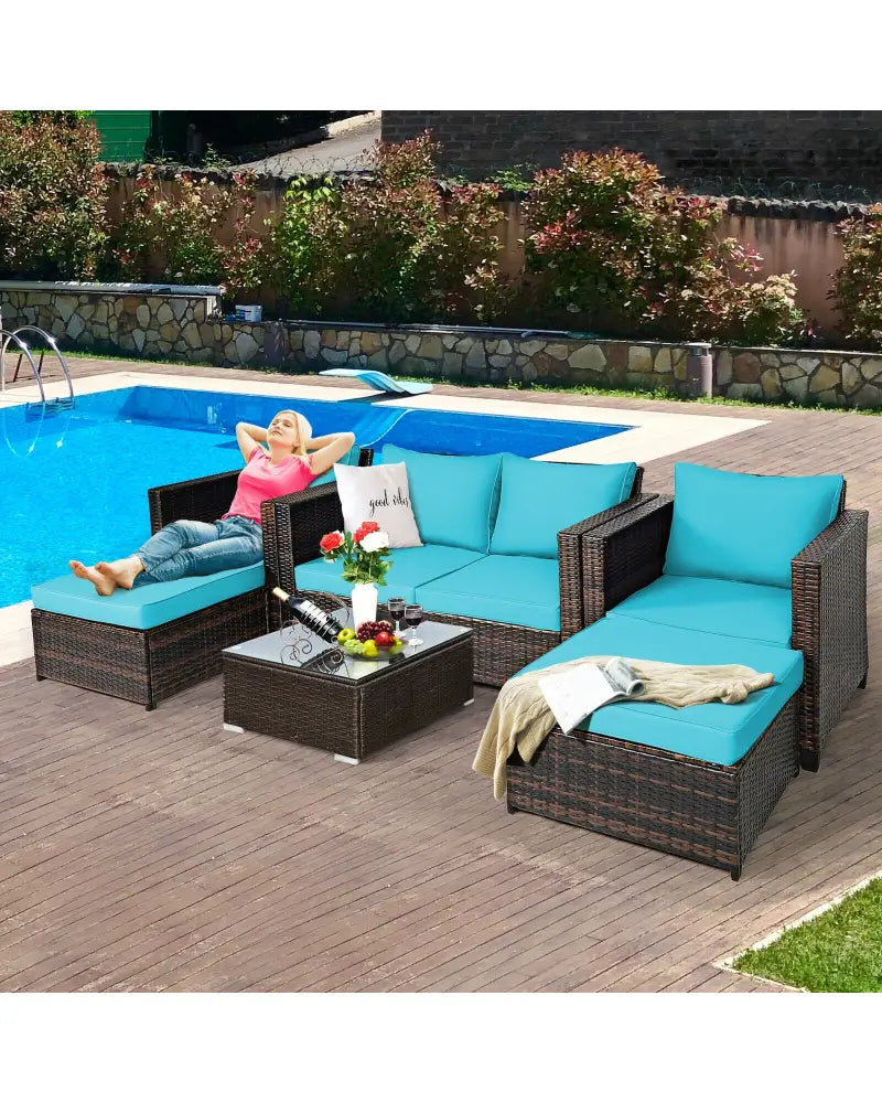 5 Pieces Patio Cushioned Rattan Furniture Set-Turquoise - Turquoise - Outdoor Sectionals