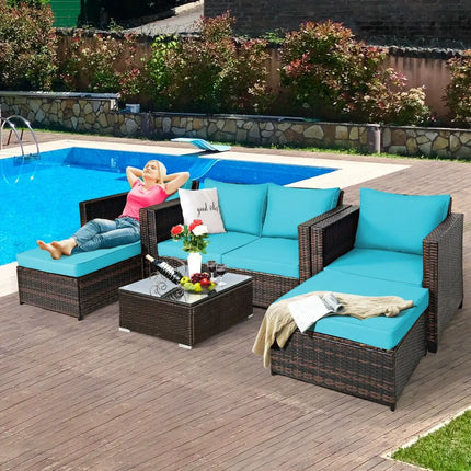 5 Pieces Patio Cushioned Rattan Furniture Set-Turquoise - Turquoise - Outdoor Sectionals