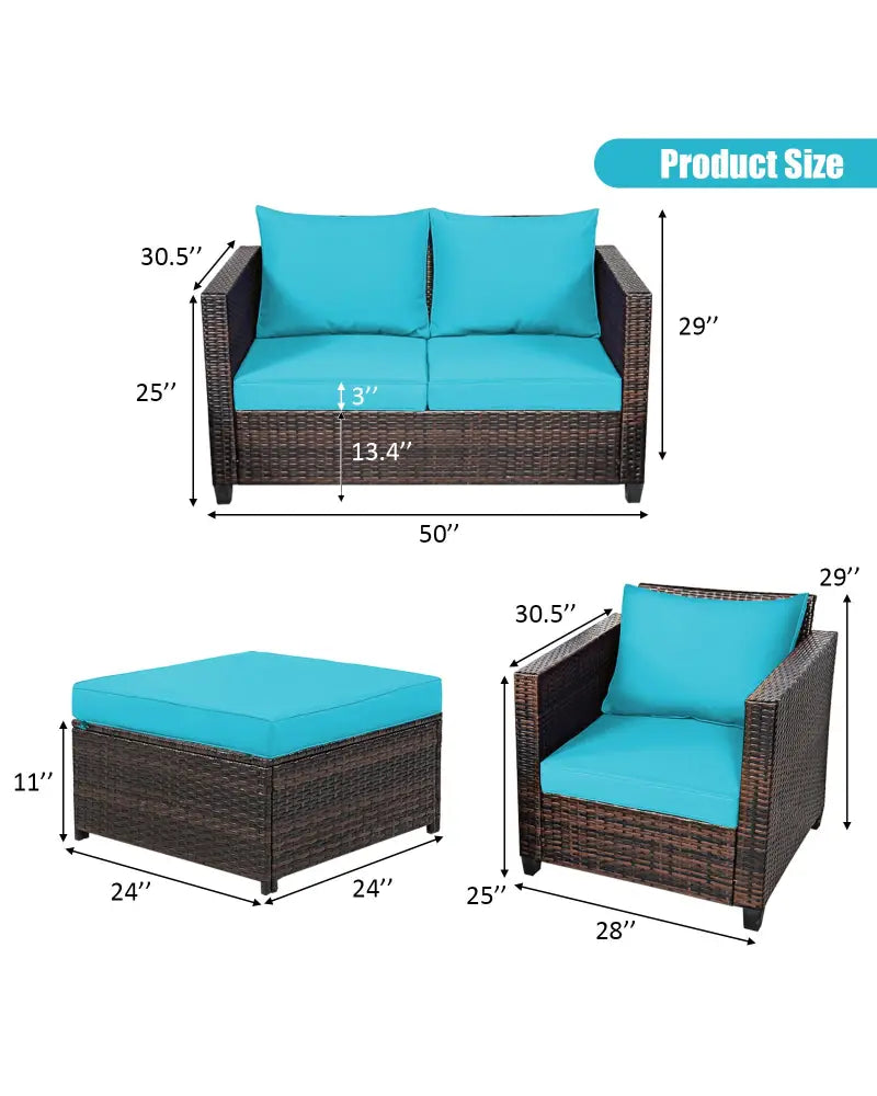 5 Pieces Patio Cushioned Rattan Furniture Set-Turquoise - Turquoise - Outdoor Sectionals
