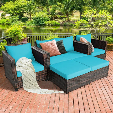 5 Pieces Patio Cushioned Rattan Furniture Set-Turquoise - Turquoise - Outdoor Sectionals