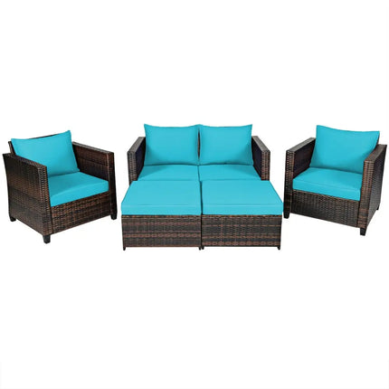 5 Pieces Patio Cushioned Rattan Furniture Set-Turquoise - Turquoise - Outdoor Sectionals