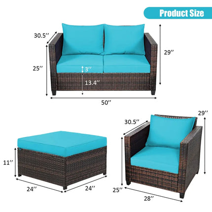 5 Pieces Patio Cushioned Rattan Furniture Set-Turquoise - Turquoise - Outdoor Sectionals