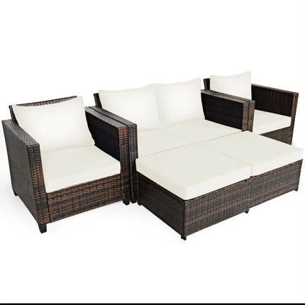 5 Pieces Patio Cushioned Rattan Furniture Set-White - White - Outdoor Sectionals