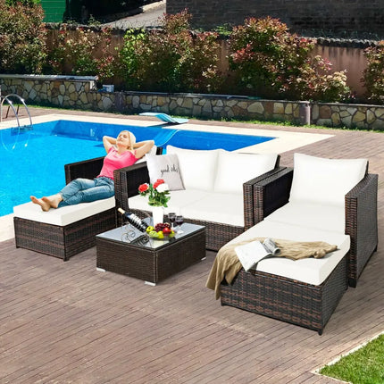 5 Pieces Patio Cushioned Rattan Furniture Set-White - White - Outdoor Sectionals