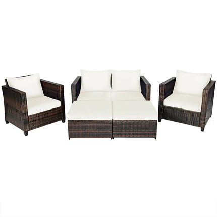 5 Pieces Patio Cushioned Rattan Furniture Set-White - White - Outdoor Sectionals