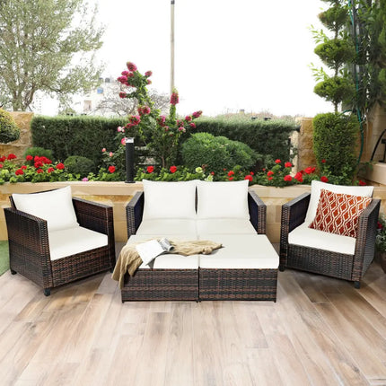 5 Pieces Patio Cushioned Rattan Furniture Set-White - White - Outdoor Sectionals