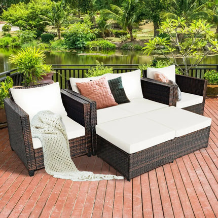 5 Pieces Patio Cushioned Rattan Furniture Set-White - White - Outdoor Sectionals