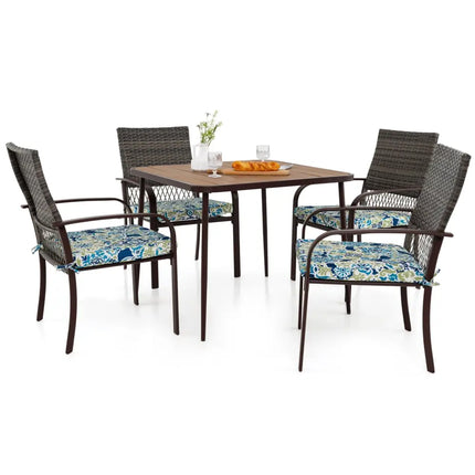 5 Pieces Patio Dining Set 4 Cushioned Rattan Armchairs and Square Table - Patio Dining Sets