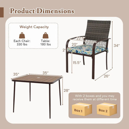 5 Pieces Patio Dining Set 4 Cushioned Rattan Armchairs and Square Table - Patio Dining Sets