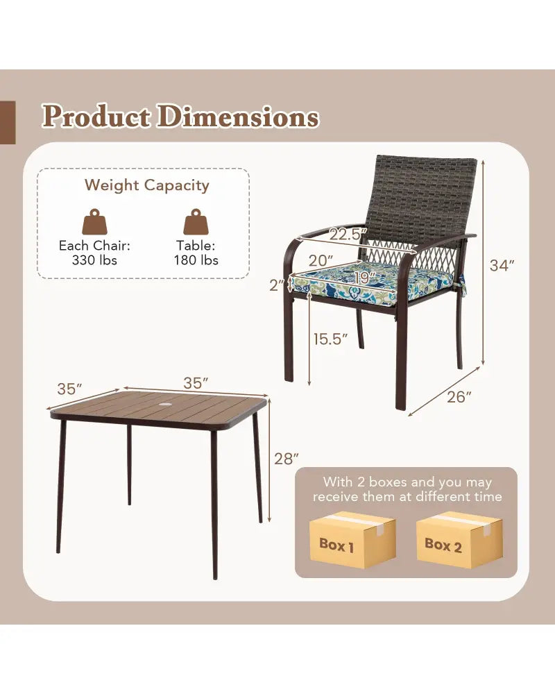 5 Pieces Patio Dining Set 4 Cushioned Rattan Armchairs and Square Table - Patio Dining Sets