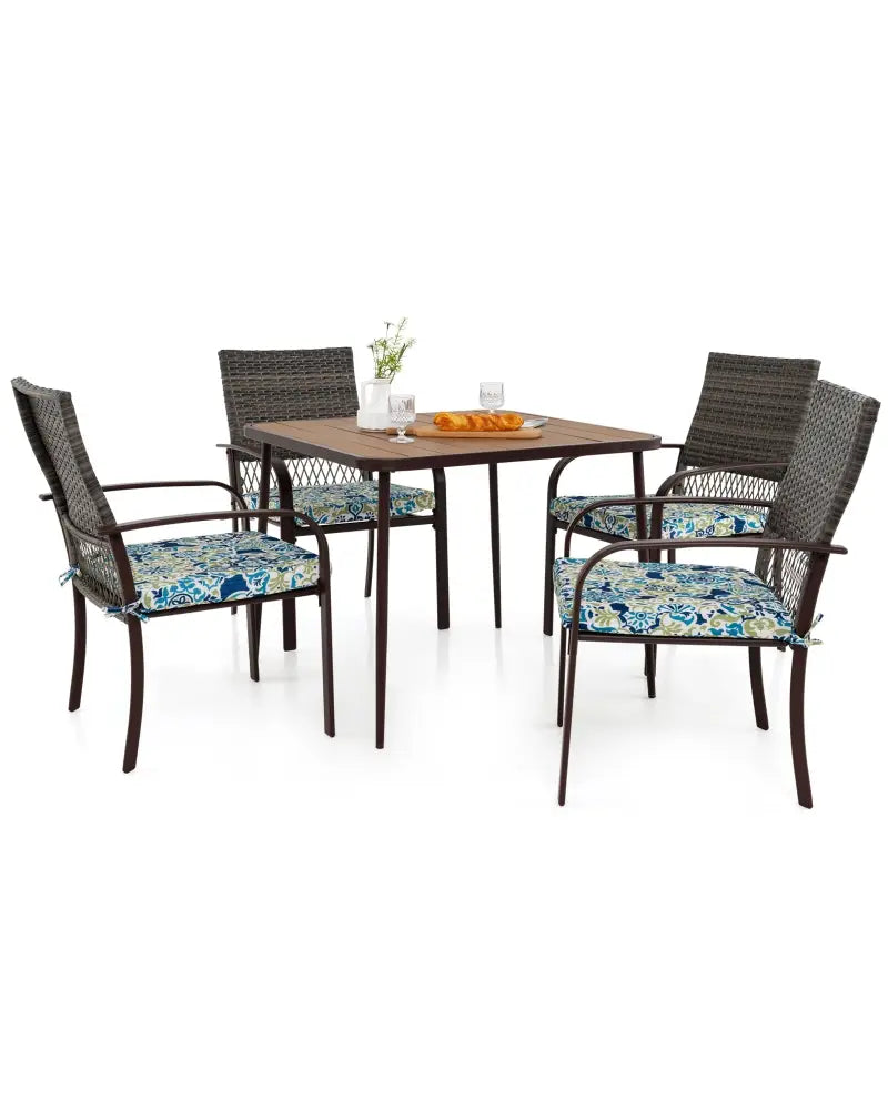 5 Pieces Patio Dining Set 4 Cushioned Rattan Armchairs and Square Table - Patio Dining Sets