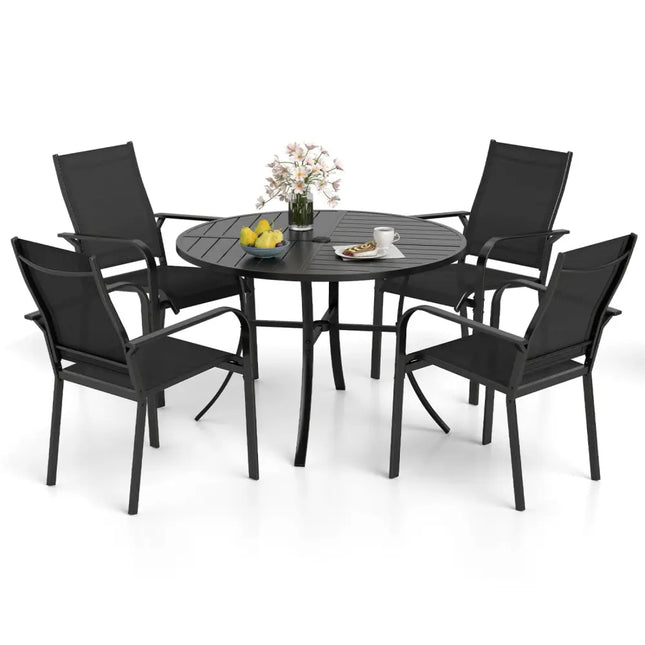 5 Pieces Patio Dining Set for 4 42.5 inch Outdoor Round Metal Table-Black - Black - Patio Dining Sets