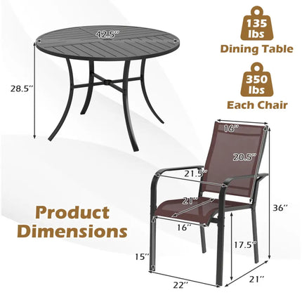 5 Pieces Patio Dining Set for 4 42.5 inch Outdoor Round Metal Table-Coffee and Black - Coffee - Patio Dining Sets