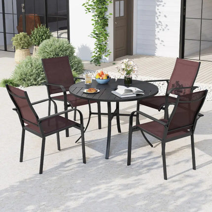5 Pieces Patio Dining Set for 4 42.5 inch Outdoor Round Metal Table-Coffee and Black - Coffee - Patio Dining Sets