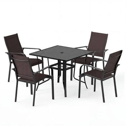 5 Pieces Patio Dining Set for 4 Outdoor Square Table and Stackable Chairs-Brown - Brown - Patio Conversation Sets