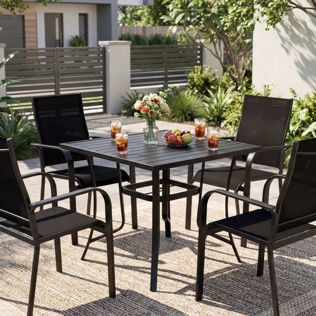 5 Pieces Patio Dining Set for 4 Outdoor Square Table and Stackable Chairs-Black - Black - Patio Conversation Sets