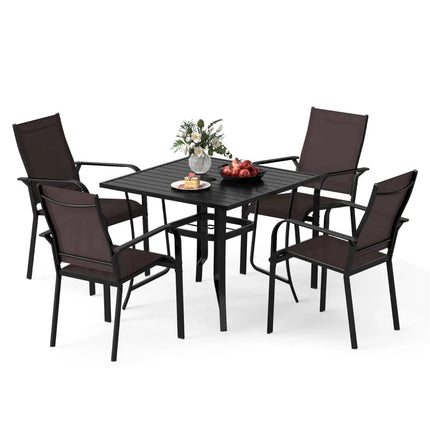 5 Pieces Patio Dining Set for 4 Outdoor Square Table and Stackable Chairs-Brown - Brown - Patio Conversation Sets
