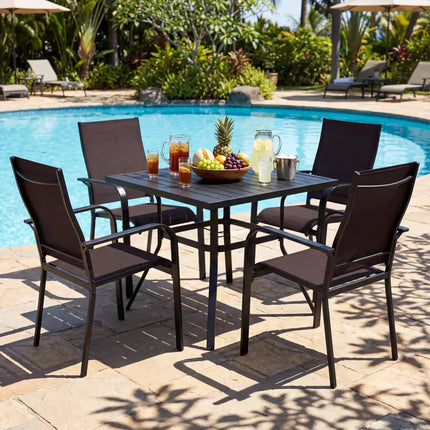 5 Pieces Patio Dining Set for 4 Outdoor Square Table and Stackable Chairs-Brown - Brown - Patio Conversation Sets