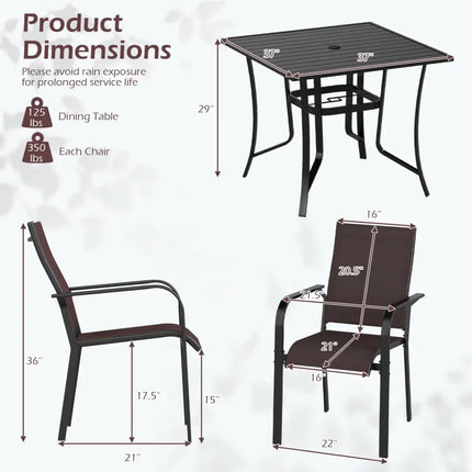 5 Pieces Patio Dining Set for 4 Outdoor Square Table and Stackable Chairs-Brown - Brown - Patio Conversation Sets
