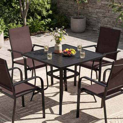 5 Pieces Patio Dining Set for 4 Outdoor Square Table and Stackable Chairs-Brown - Brown - Patio Conversation Sets