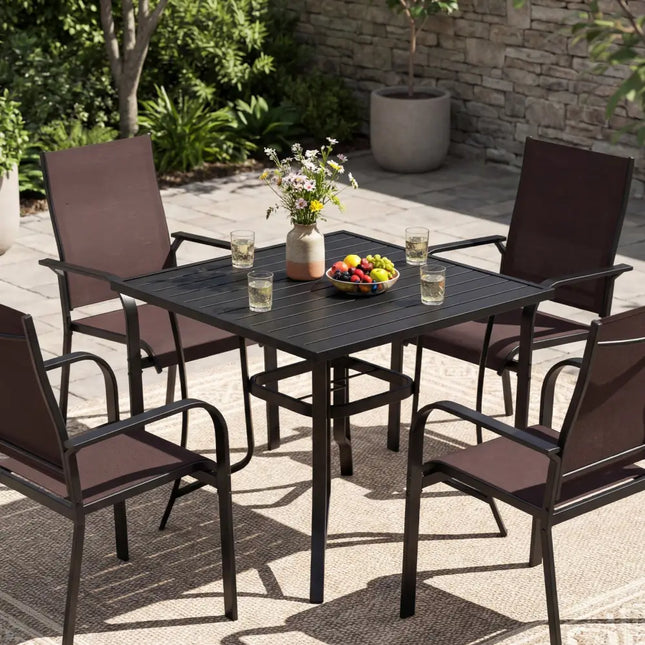 5 Pieces Patio Dining Set for 4 Outdoor Square Table and Stackable Chairs-Brown - Brown - Patio Conversation Sets