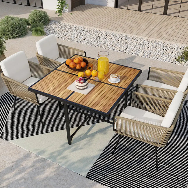 5 Pieces Patio Dining Set with Acacia Wood Tabletop - Off White - Patio Dining Sets