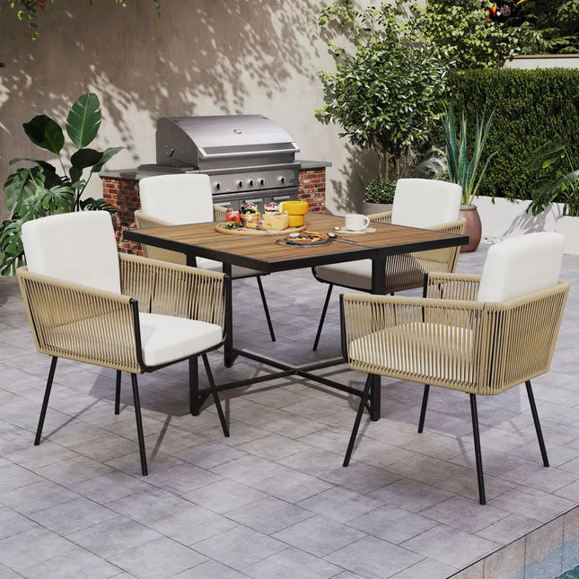5 Pieces Patio Dining Set with Acacia Wood Tabletop - Off White - Patio Dining Sets