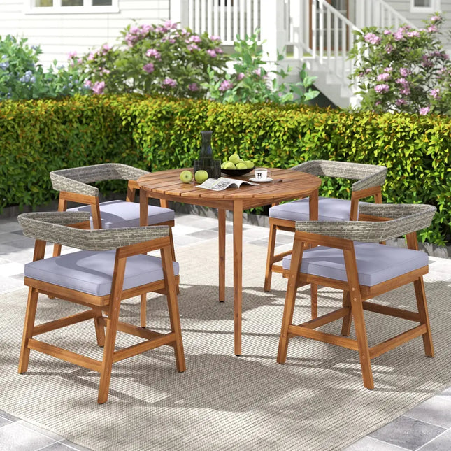 5 Pieces Patio Dining Set with Cushions and PE Rattan Backrest for Garden and Backyard - Gray - Patio Dining Sets