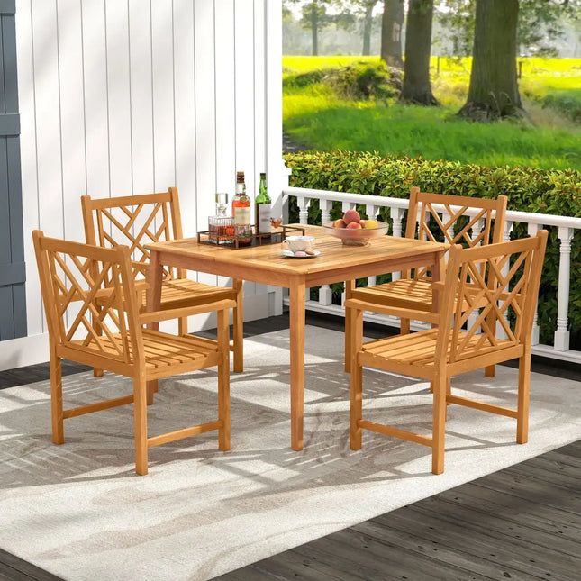 5-Pieces Patio Dining Table Set Wood Square Dining Table with 4 Chairs and Slatted Tabletop - Patio Dining Sets