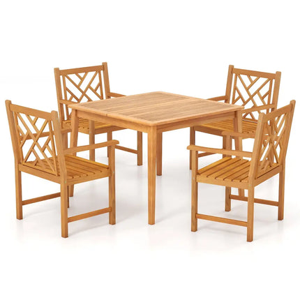 5-Pieces Patio Dining Table Set Wood Square Dining Table with 4 Chairs and Slatted Tabletop - Patio Dining Sets