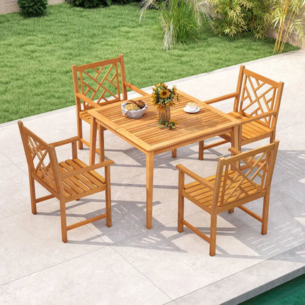 5-Pieces Patio Dining Table Set Wood Square Dining Table with 4 Chairs and Slatted Tabletop - Patio Dining Sets