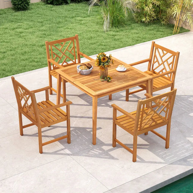 5-Pieces Patio Dining Table Set Wood Square Dining Table with 4 Chairs and Slatted Tabletop - Patio Dining Sets