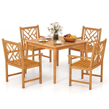 5-Pieces Patio Dining Table Set Wood Square Dining Table with 4 Chairs and Slatted Tabletop - Patio Dining Sets