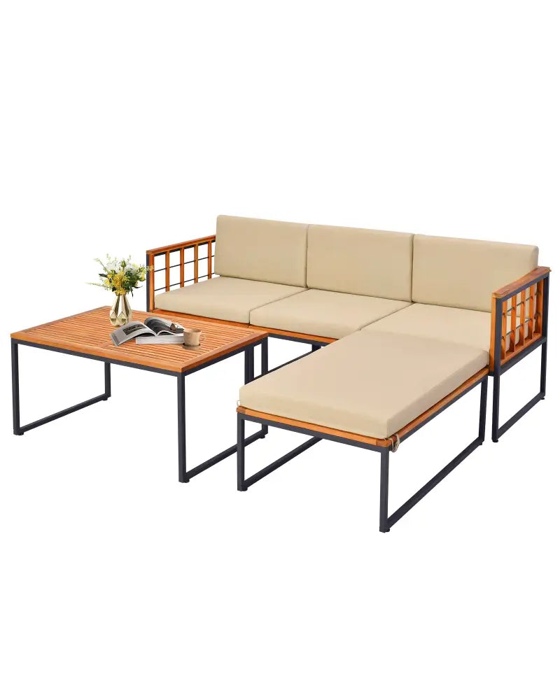 5 Pieces Patio Furniture Set Acacia Wood Sectional Set with Heavy-Duty Metal Frame-Beige - Beige - Outdoor Sectionals