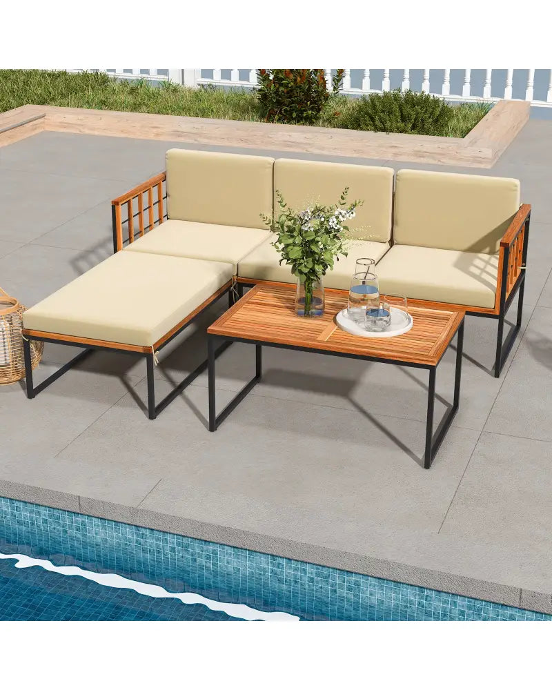 5 Pieces Patio Furniture Set Acacia Wood Sectional Set with Heavy-Duty Metal Frame-Beige - Beige - Outdoor Sectionals